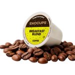 Ekocups compostable coffee cup with 'Breakfast Blend' label surrounded by coffee beans on a white background
