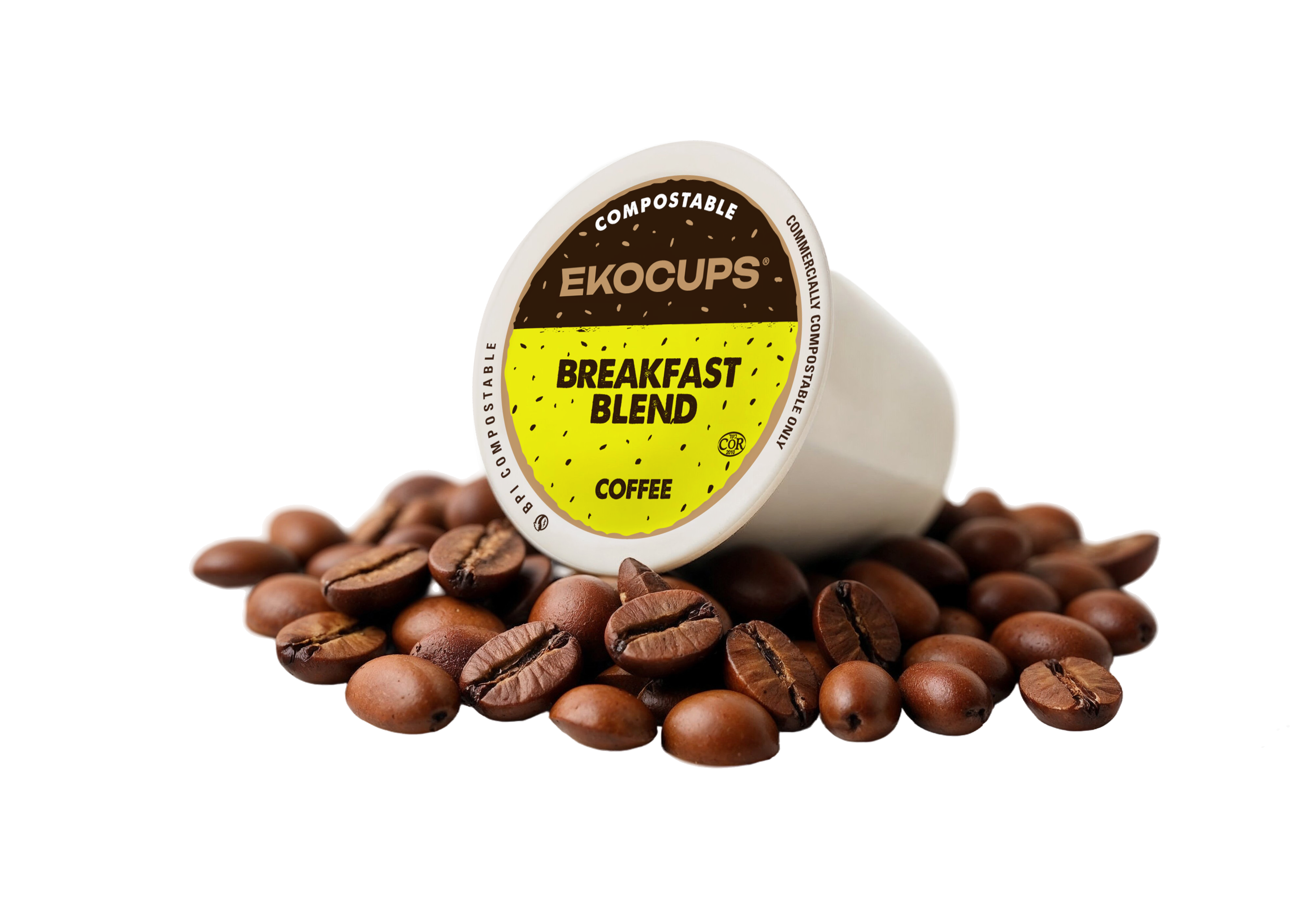 Ekocups compostable coffee cup with 'Breakfast Blend' label surrounded by coffee beans on a white background