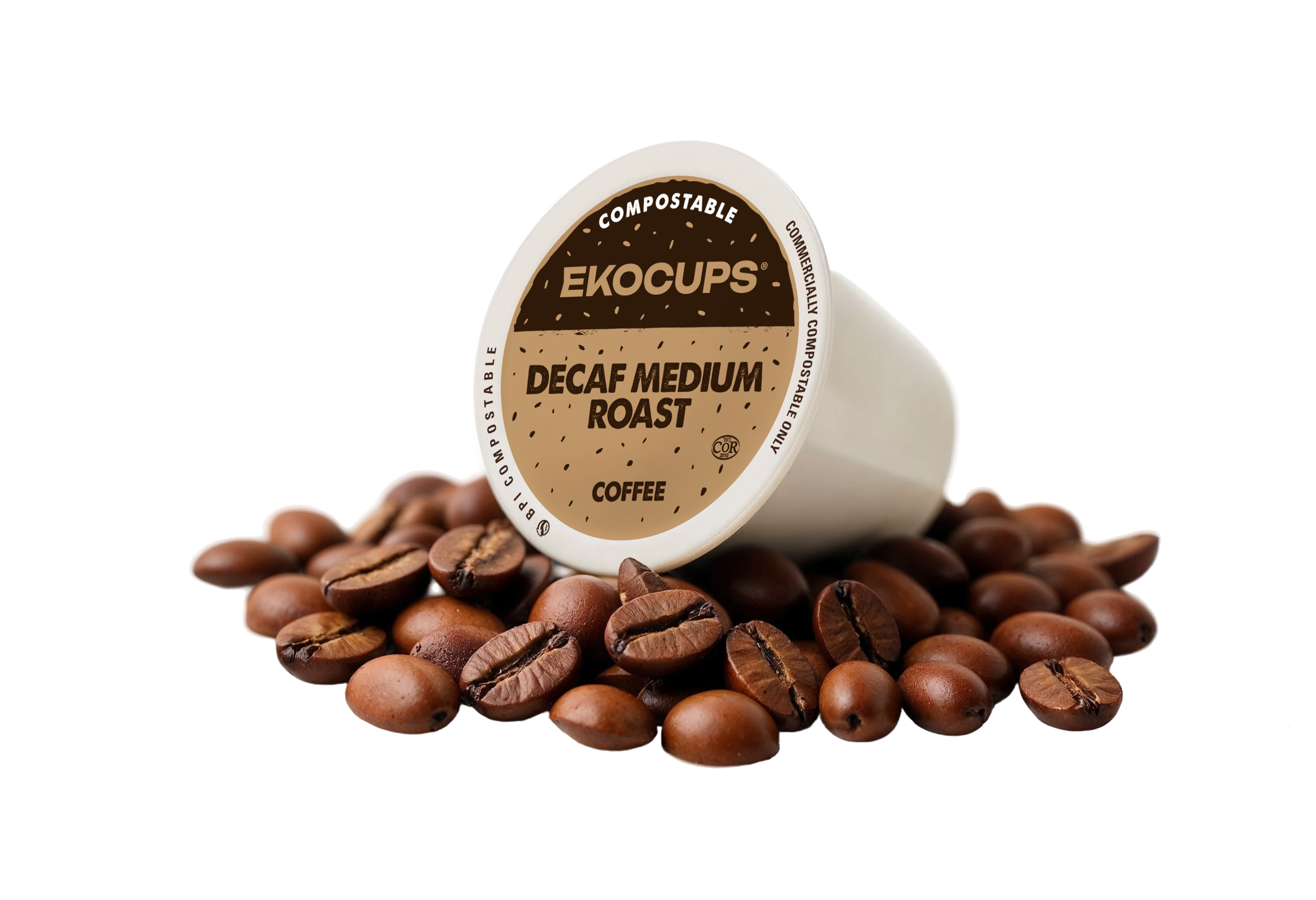 Ekocups compostable decaf medium roast coffee pod surrounded by coffee beans on a white background