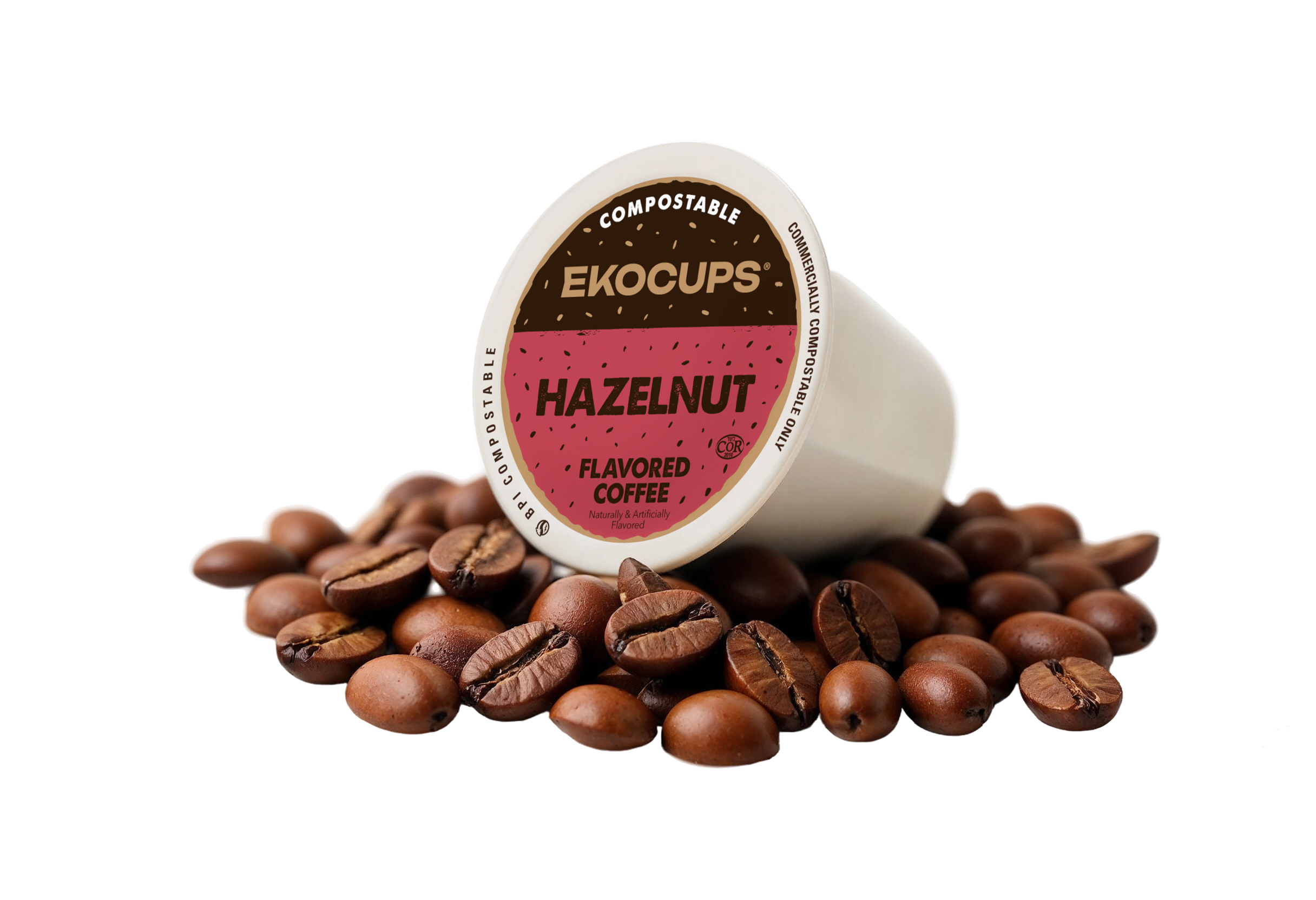Ekocups Hazelnut flavored coffee pod surrounded by coffee beans on a white background