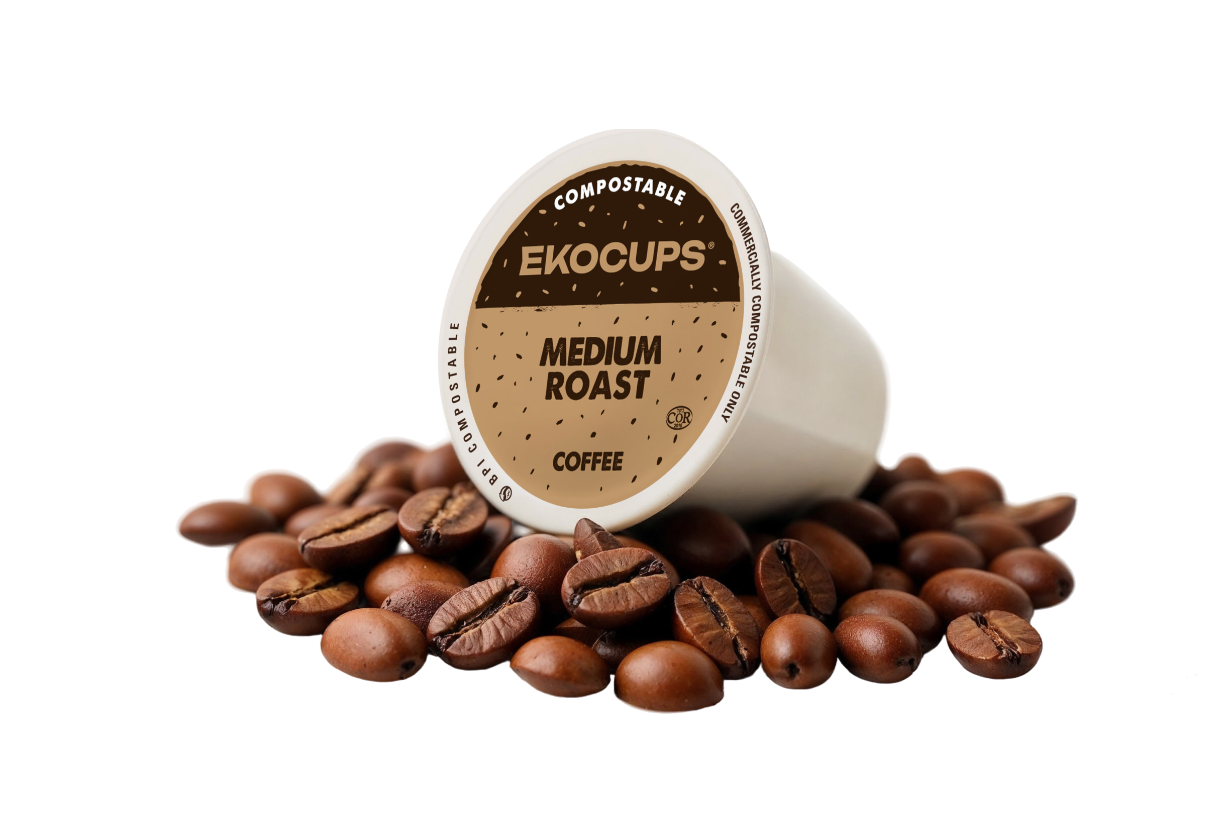 Ekocups compostable coffee pod surrounded by coffee beans on a white background