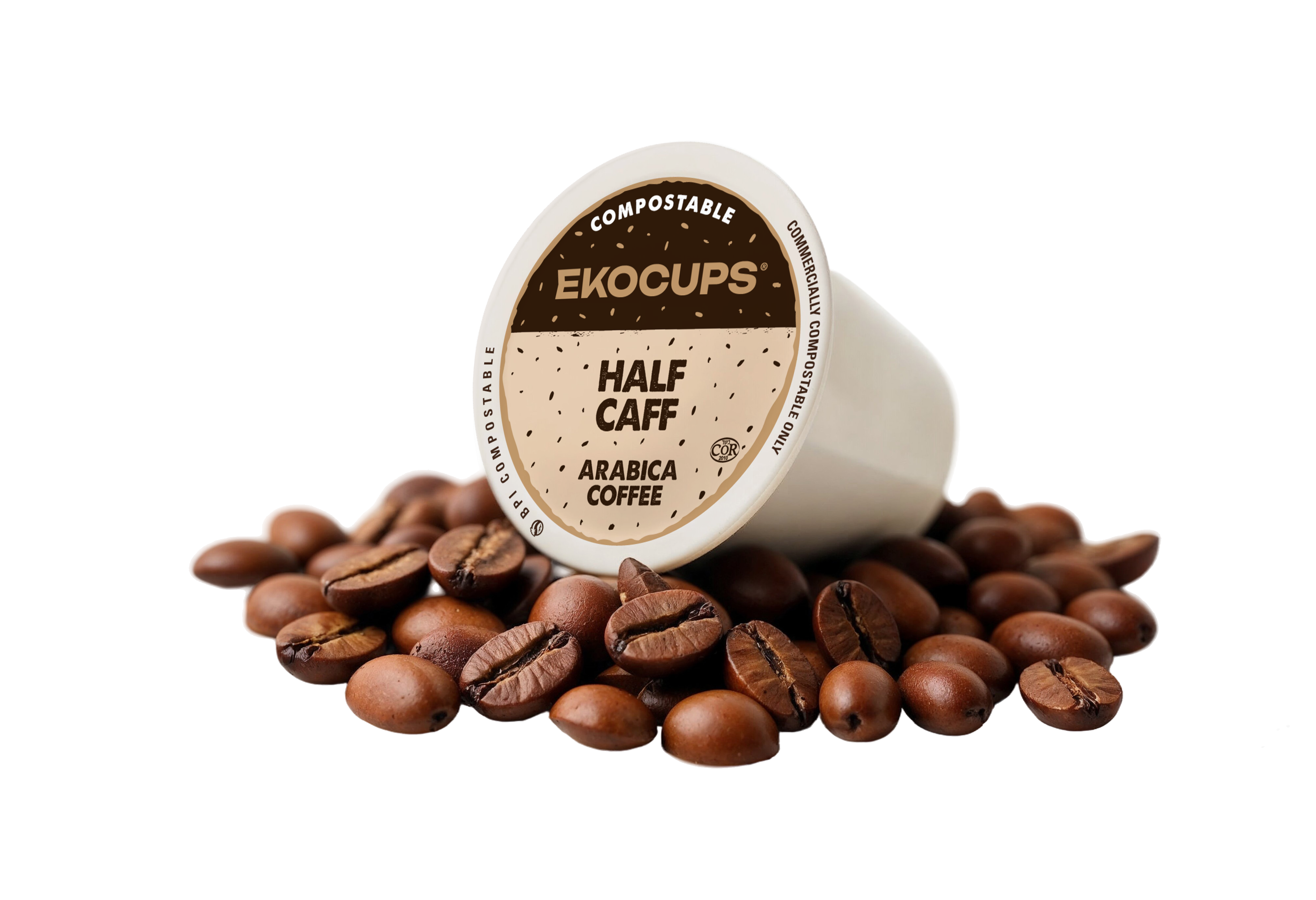 Ekocups compostable coffee pod with half-caff label surrounded by coffee beans on a white background